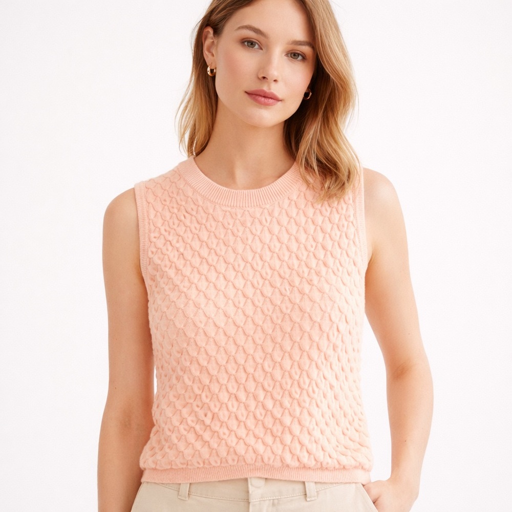 Lucy Paris Textured Knit Sleeveless Cropped Top Light Peach Crew Neck S